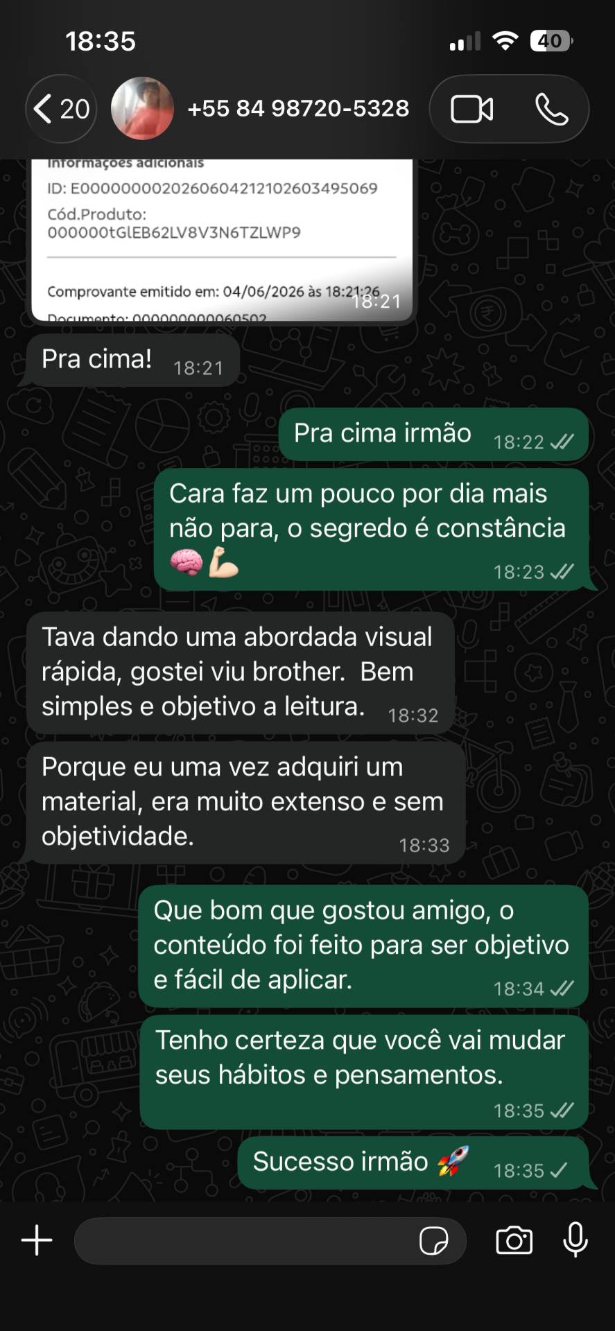 Depoimento no WhatsApp após a compra do guia