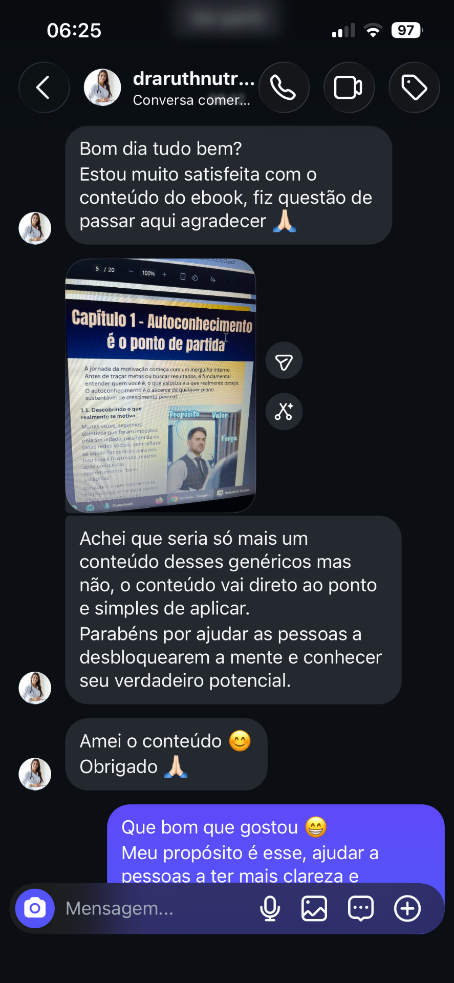 Depoimento de leitora no Instagram elogiando o conteúdo do guia